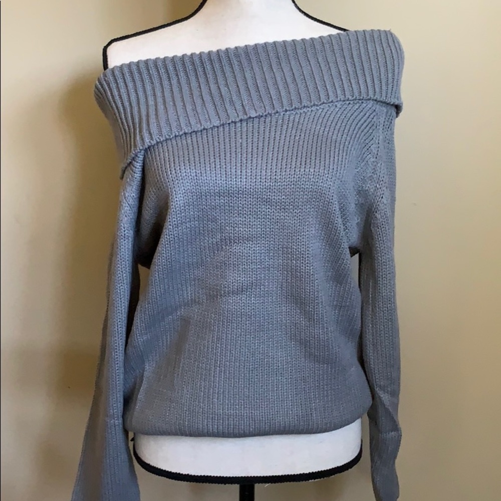 New Gray Turn-Down Off-the-Shoulder Sweater - Picture 2 of 7